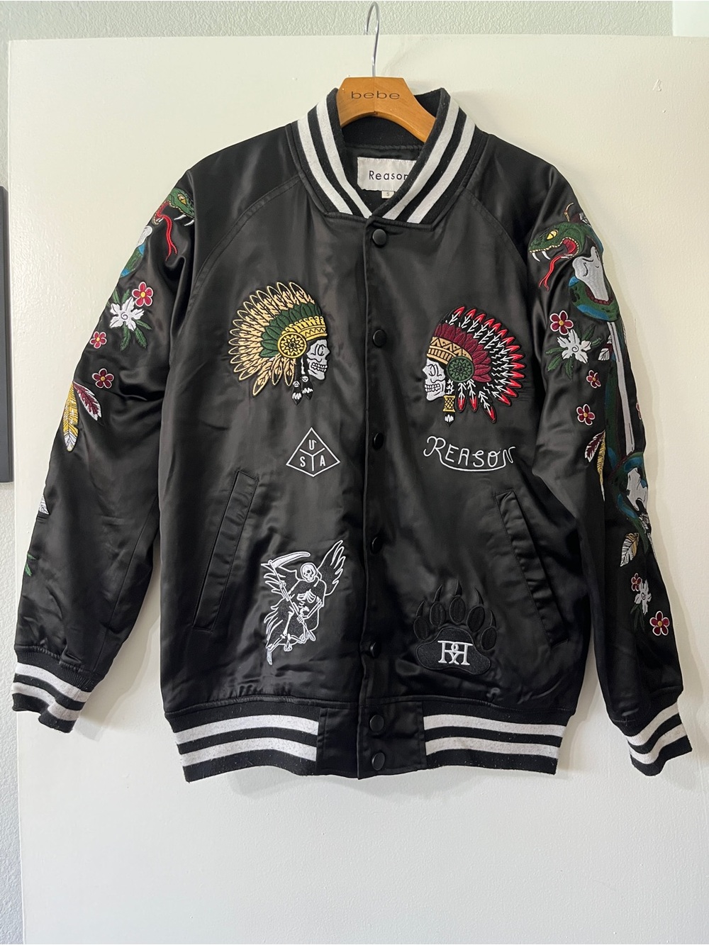 Reason Black Satin Embroidered Bomber Jacket with Multicolor Patches